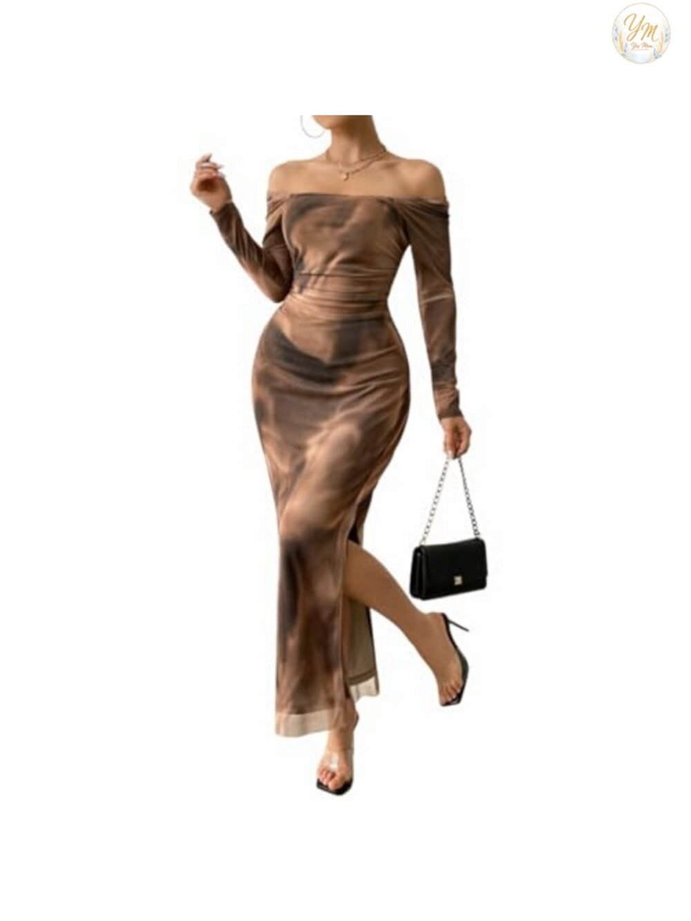 Off Shoulder Maxi Dress Long Sleeve Bodycon Ruched Mesh Cocktail Wedding Guest